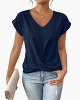 V-Neck Drape Front Blouse with Short Sleeves