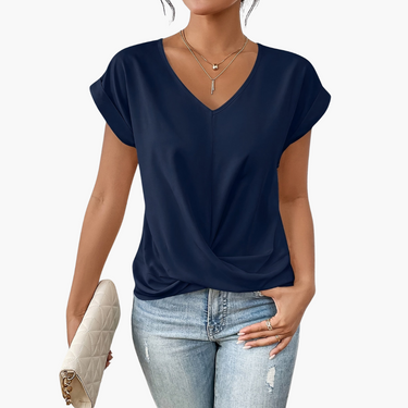 V-Neck Drape Front Blouse with Short Sleeves