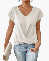 V-Neck Drape Front Blouse with Short Sleeves