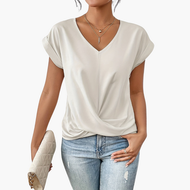 V-Neck Drape Front Blouse with Short Sleeves