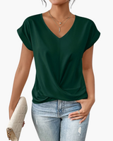 V-Neck Drape Front Blouse with Short Sleeves