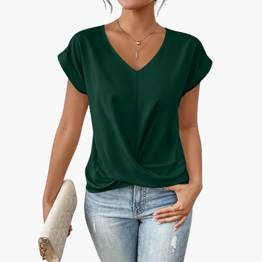 V-Neck Drape Front Blouse with Short Sleeves
