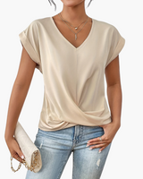 V-Neck Drape Front Blouse with Short Sleeves