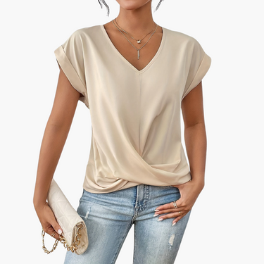 V-Neck Drape Front Blouse with Short Sleeves