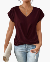 V-Neck Drape Front Blouse with Short Sleeves