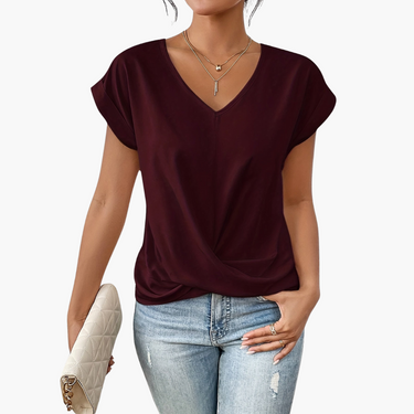 V-Neck Drape Front Blouse with Short Sleeves