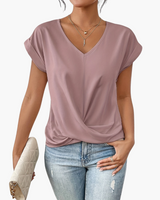 V-Neck Drape Front Blouse with Short Sleeves
