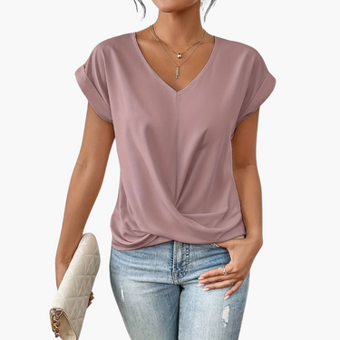 V-Neck Drape Front Blouse with Short Sleeves