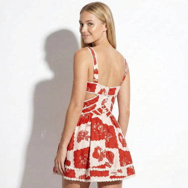 V Neck Mini Dress with Graphic Print and Ric Rac Trim