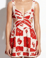 V Neck Mini Dress with Graphic Print and Ric Rac Trim