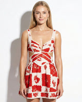 V Neck Mini Dress with Graphic Print and Ric Rac Trim