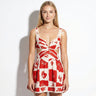 V Neck Mini Dress with Graphic Print and Ric Rac Trim