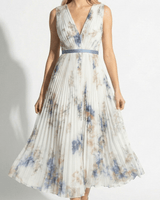 V Neck Pleated Maxi Dress with Floral Print