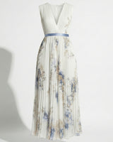 V Neck Pleated Maxi Dress with Floral Print