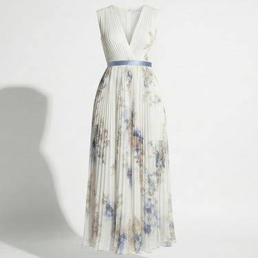 V Neck Pleated Maxi Dress with Floral Print
