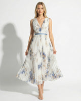 V Neck Pleated Maxi Dress with Floral Print