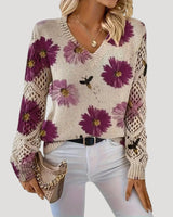 V Neck Spring Jumper with Floral Knit and Long Sleeves