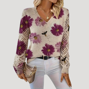 V Neck Spring Jumper with Floral Knit and Long Sleeves