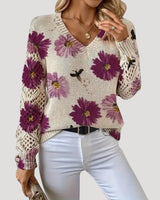 V Neck Spring Jumper with Floral Knit and Long Sleeves
