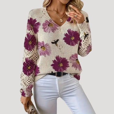 V Neck Spring Jumper with Floral Knit and Long Sleeves