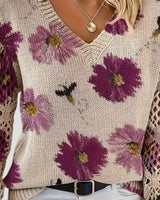 V Neck Spring Jumper with Floral Knit and Long Sleeves