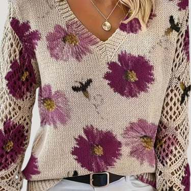V Neck Spring Jumper with Floral Knit and Long Sleeves