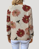 V Neck Spring Jumper with Floral Knit and Long Sleeves