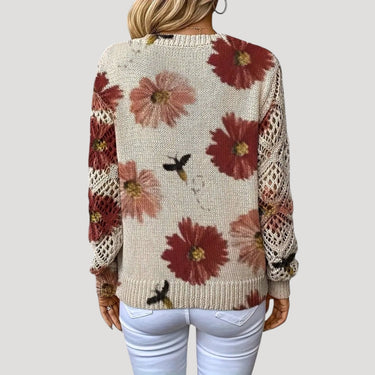 V Neck Spring Jumper with Floral Knit and Long Sleeves