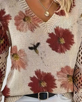 V Neck Spring Jumper with Floral Knit and Long Sleeves