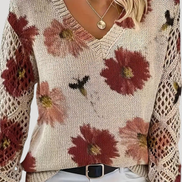 V Neck Spring Jumper with Floral Knit and Long Sleeves