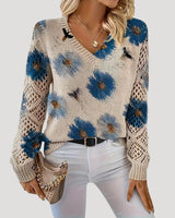 V Neck Spring Jumper with Floral Knit and Long Sleeves