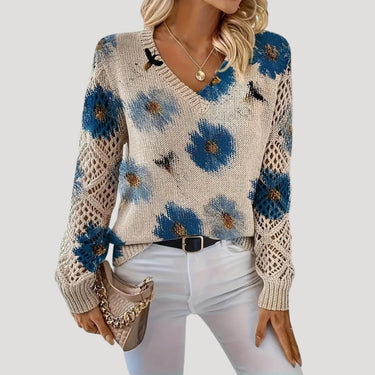 V Neck Spring Jumper with Floral Knit and Long Sleeves