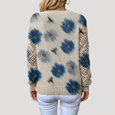 V Neck Spring Jumper with Floral Knit and Long Sleeves