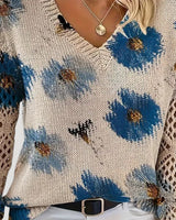 V Neck Spring Jumper with Floral Knit and Long Sleeves