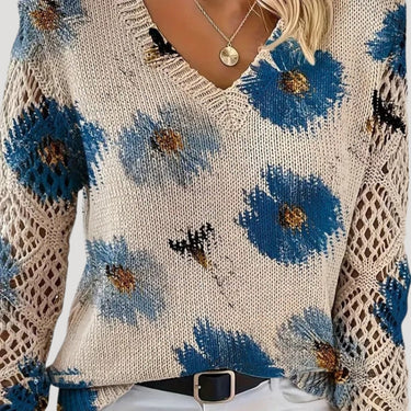 V Neck Spring Jumper with Floral Knit and Long Sleeves