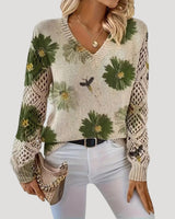 V Neck Spring Jumper with Floral Knit and Long Sleeves