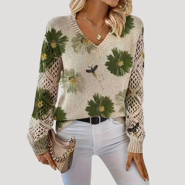 V Neck Spring Jumper with Floral Knit and Long Sleeves