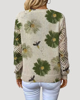 V Neck Spring Jumper with Floral Knit and Long Sleeves