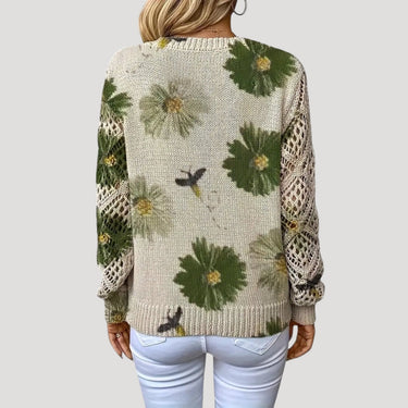 V Neck Spring Jumper with Floral Knit and Long Sleeves