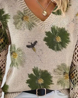 V Neck Spring Jumper with Floral Knit and Long Sleeves