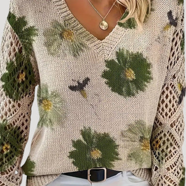 V Neck Spring Jumper with Floral Knit and Long Sleeves