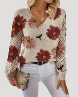 V Neck Spring Jumper with Floral Knit and Long Sleeves