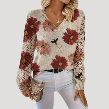 V Neck Spring Jumper with Floral Knit and Long Sleeves
