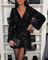 Velvet Sequin Belt Jumpsuit with Deep V-Neckline and Long Sleeves