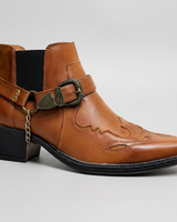 Side view of a structured leather western boot with visible shaft stitching