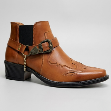 Side view of a structured leather western boot with visible shaft stitching
