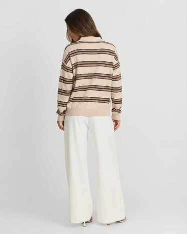 Vintage Women’s Striped Long Sleeve Polo Sweater with Button Placket