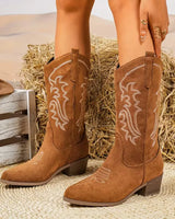 Front view of pointed-toe western boot with pull tabs and embroidered upper detail