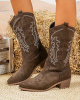 Rear view of mid-calf cowgirl boot showing stacked block heel and embroidered shaft