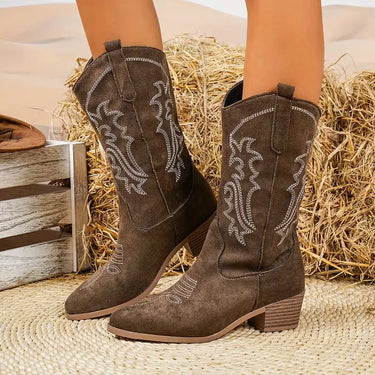 Rear view of mid-calf cowgirl boot showing stacked block heel and embroidered shaft